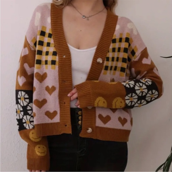 Brown/Yellow Oversized Checkered Smiley Face Cardigan, Size Large - Picture 2 of 3